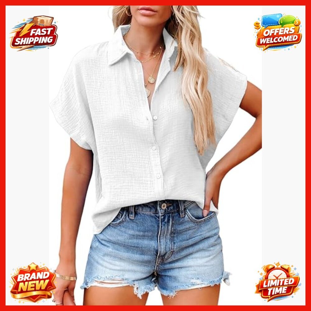 Relaxed Fit Cotton Button Down Shirt V Neck Short Sleeve Blouse